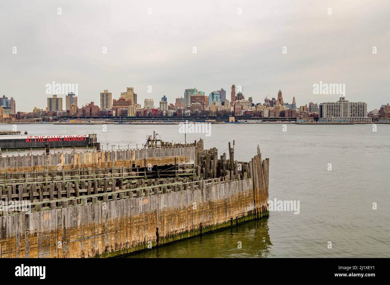 Brooklyn Skyline with Staten Island Ferry Battery Maritime Building Slip 5 wood jetty in