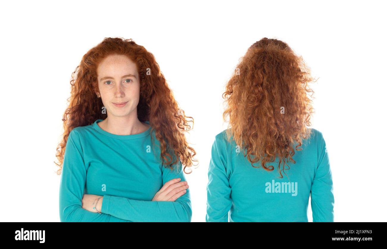 Front and back portrait of an attractive, redhaired, freckled, good-looking woman in casual wear outfit isolated on a white background Stock Photo