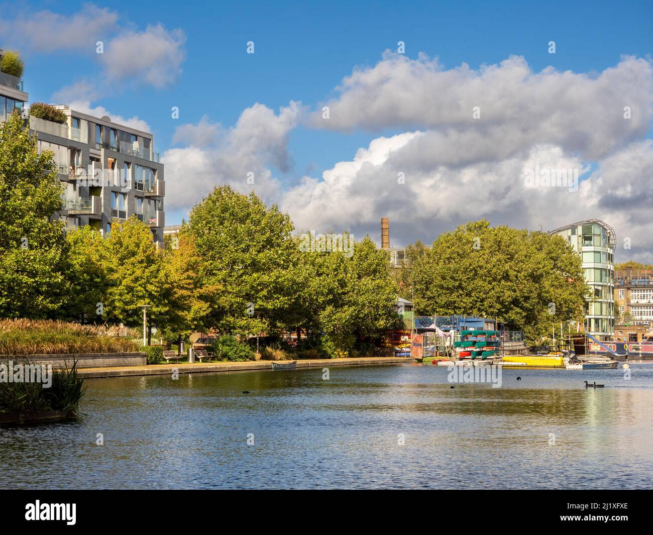 City Road Basin with Angel Waterside apartments and Islington boat club in the distance. London