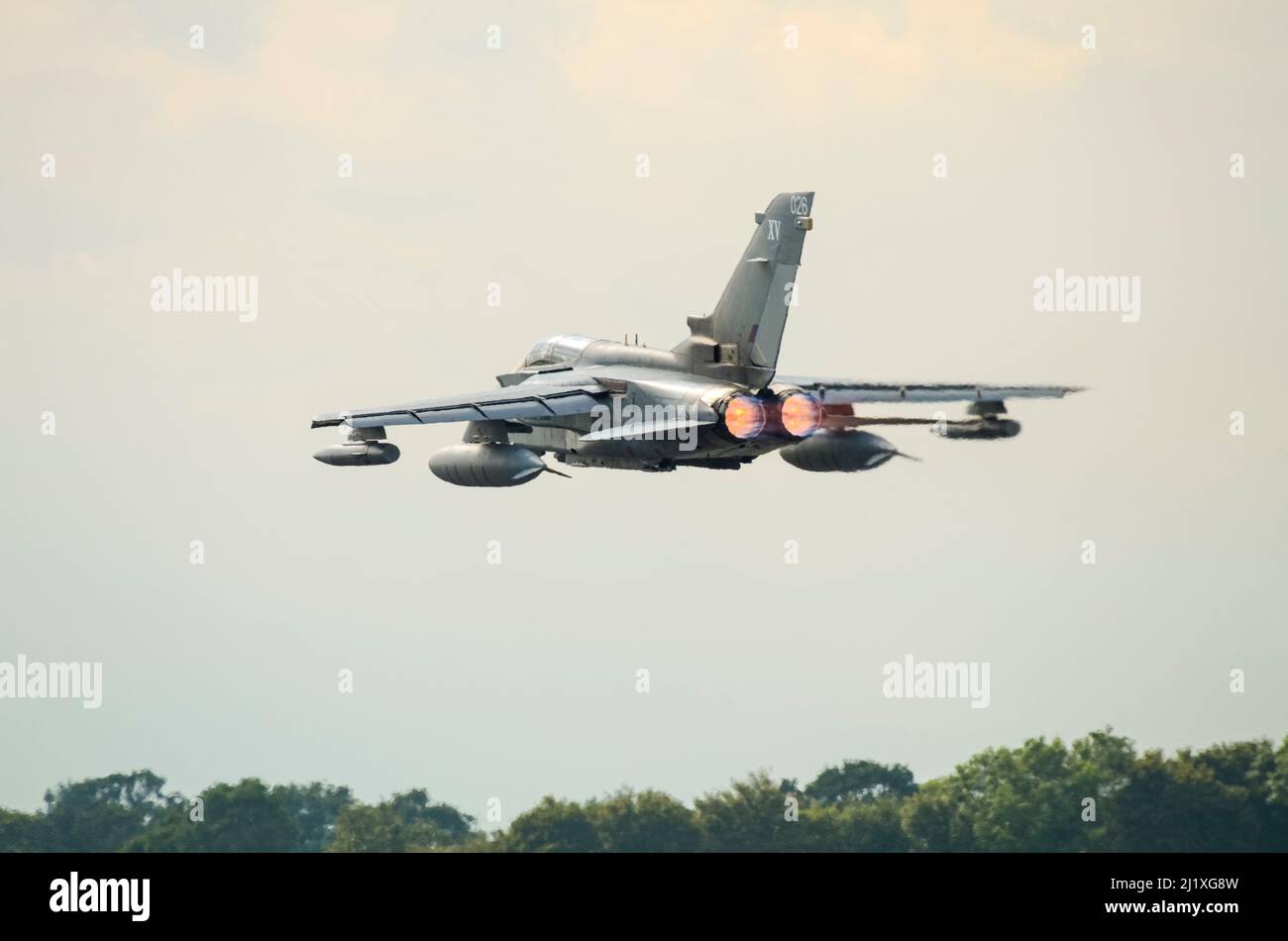 Royal Air Force Panavia Tornado GR4 fighter bomber jet plane keeping low after take off at Royal International Air Tattoo, RAF Fairford airshow Stock Photo