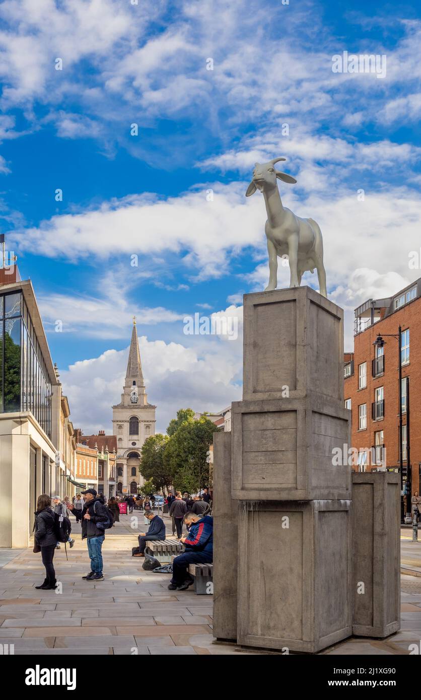 I Goat sculpture with Christ Church Spitalfields in the distance. Brushfield Street. London. Stock Photo