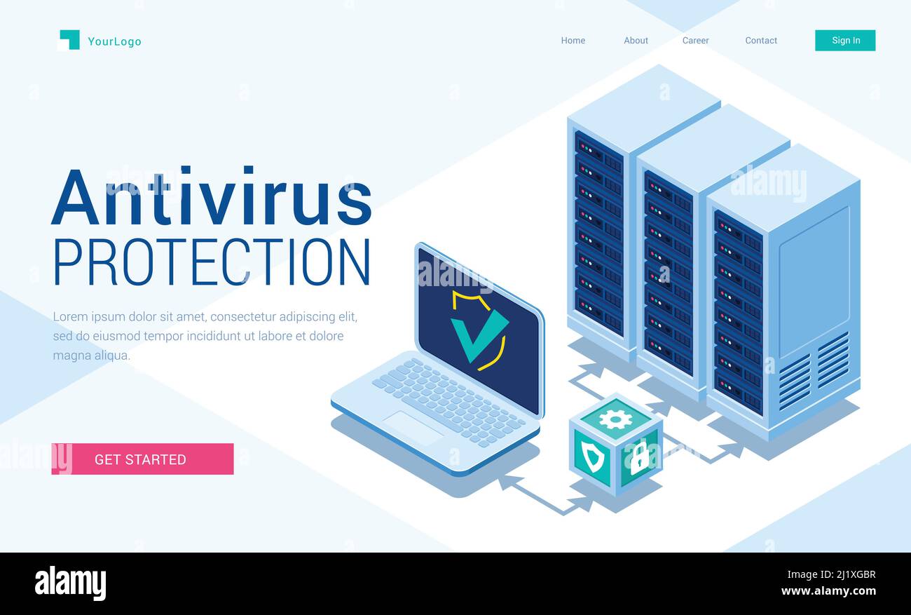 Antivirus protection isometric landing page. Cyber data security