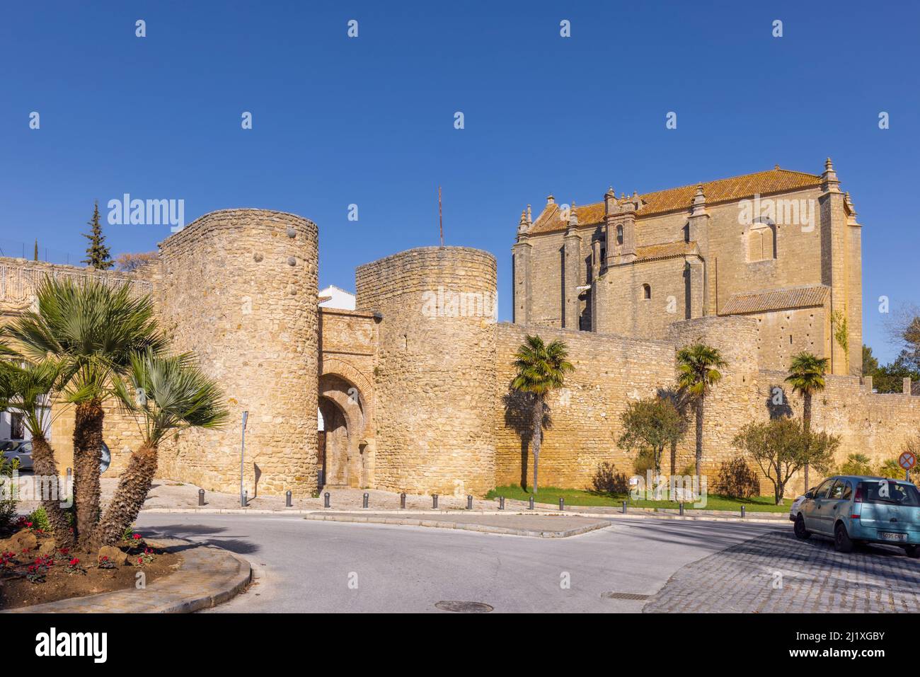 The 13th century Puerto de Almocabar, or Almocabar Gate and city walls, Ronda, Malaga Province, Andalusia, southern Spain. Puerto de Almocabar comes f Stock Photo