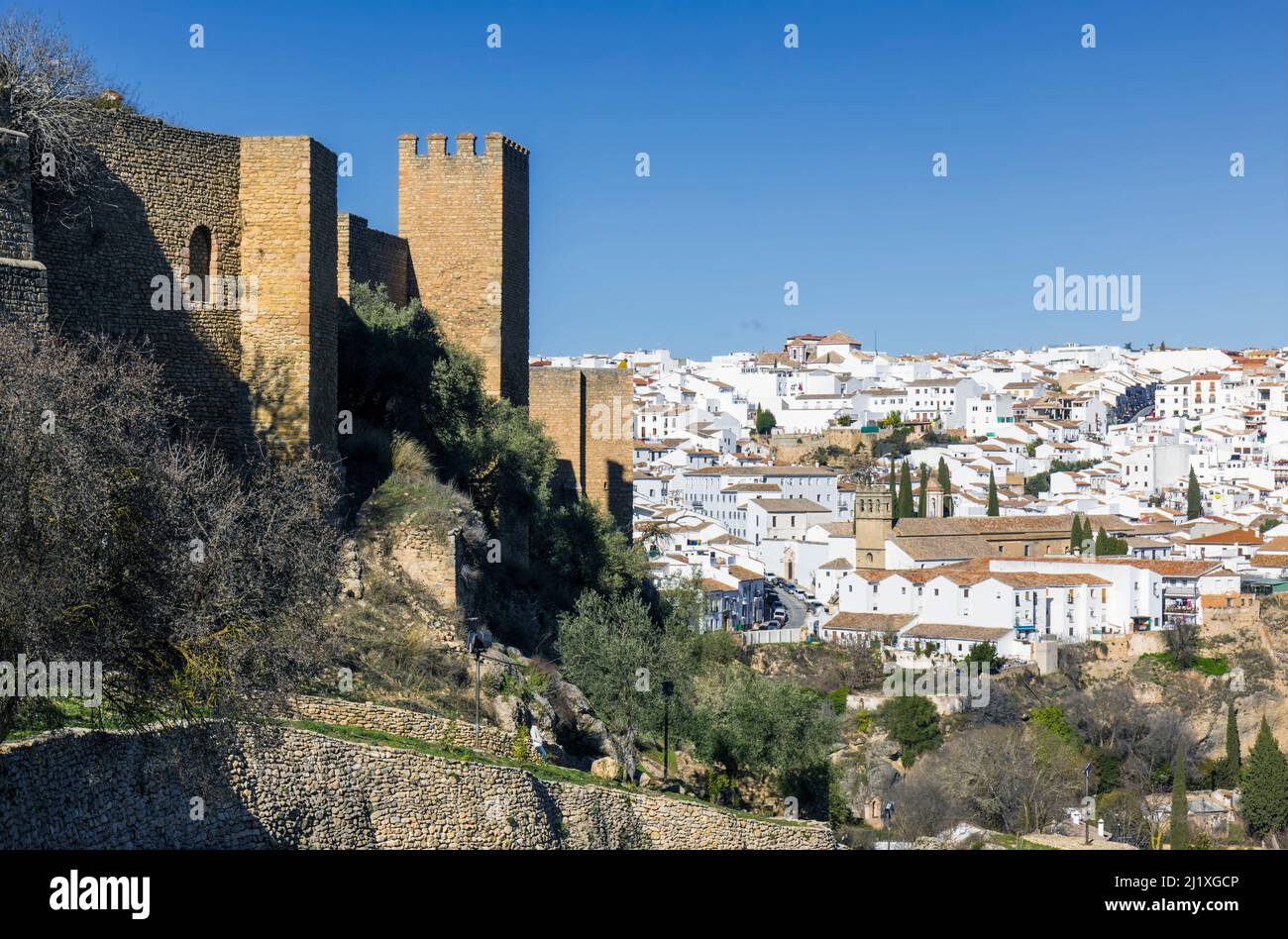 Walls and towers of the Moorish La Cijara fortified area, Ronda, Malaga Province, Andalusia, southern Spain. Stock Photo