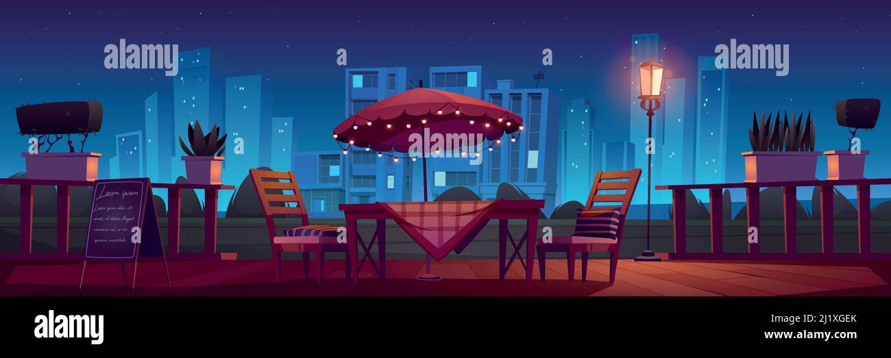 Cafe or restaurant terrace with table, umbrella and chairs at night. Vector cartoon illustration with outdoor cafeteria. Summer cityscape with cafe pa Stock Vector