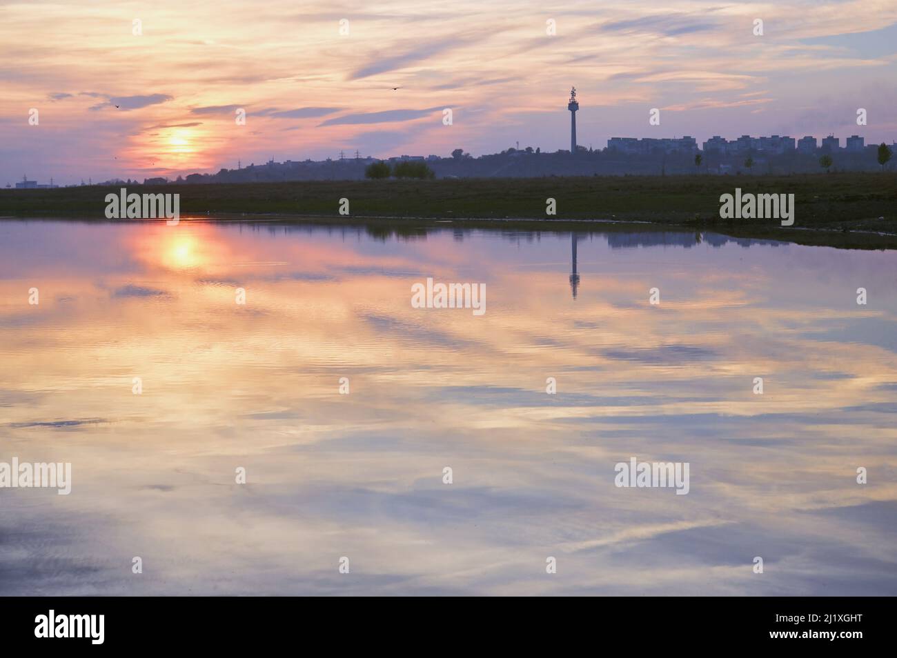 Sunset reflexion on Danube river in Galati, Romania Stock Photo