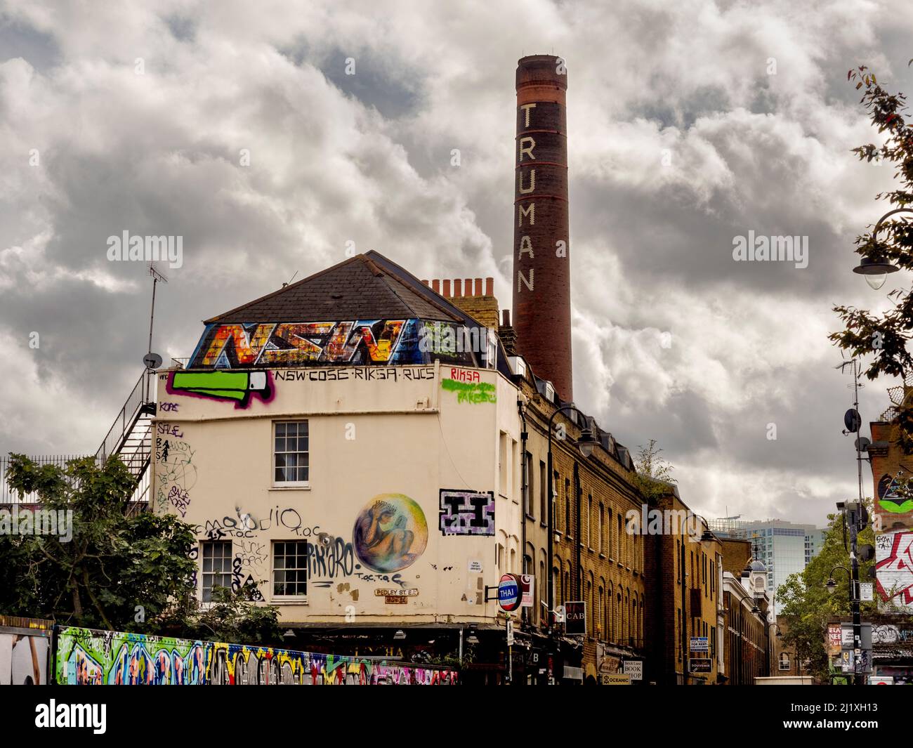 Truman's Brewery chimney seen from Brick Lane. East London. UK Stock Photo