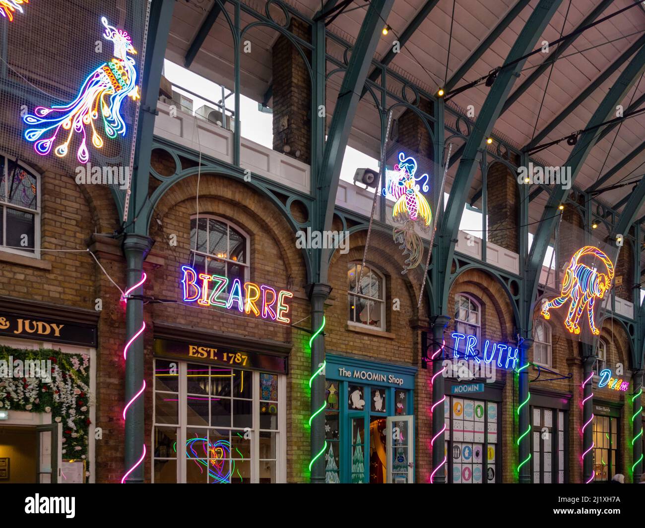 Neon light art installation by Chila Burman at Covent Garden, London. Stock Photo