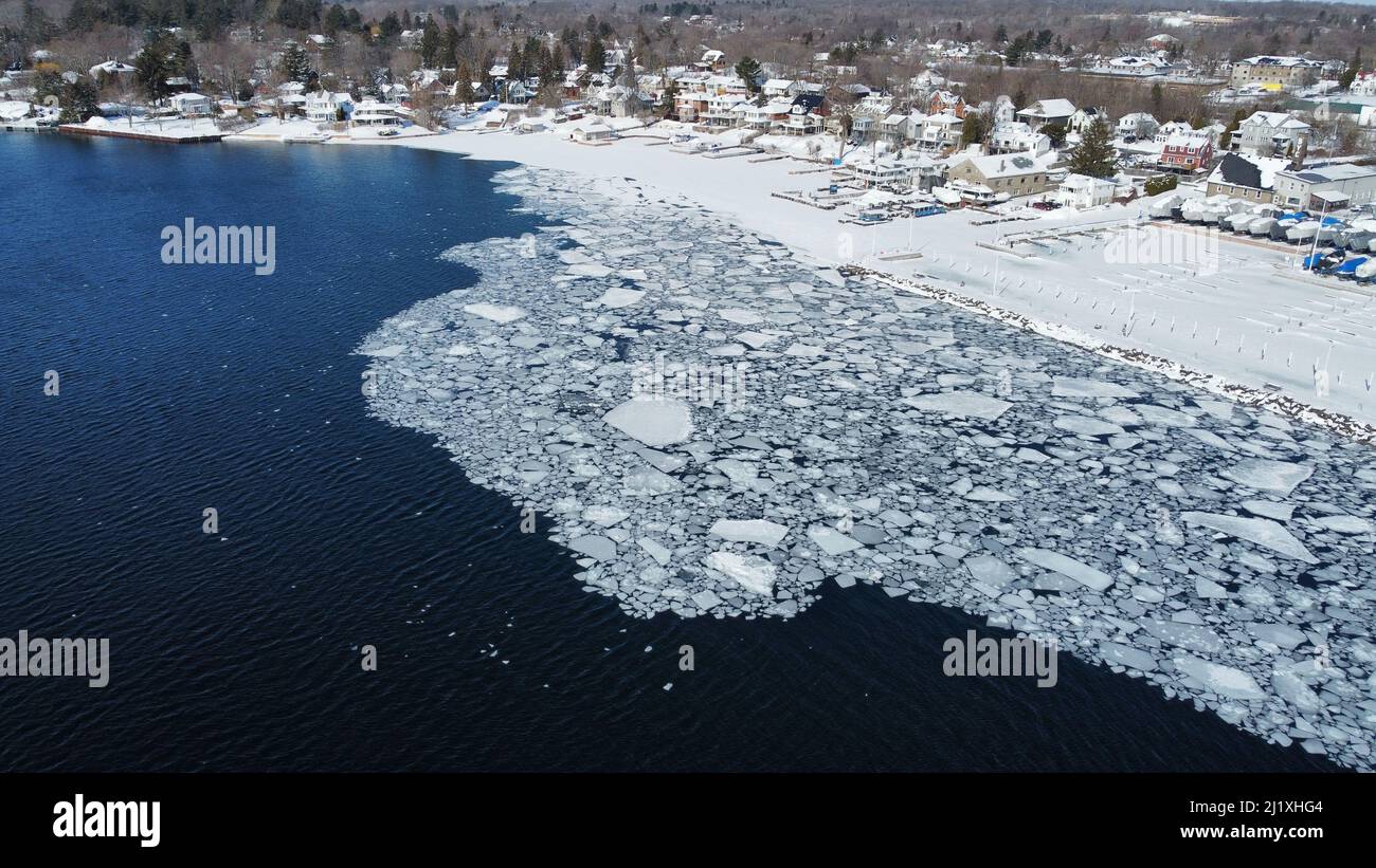 The ice break up on the St. Lawrence River near Brockville Ontario in the Thousand Islands Stock Photo