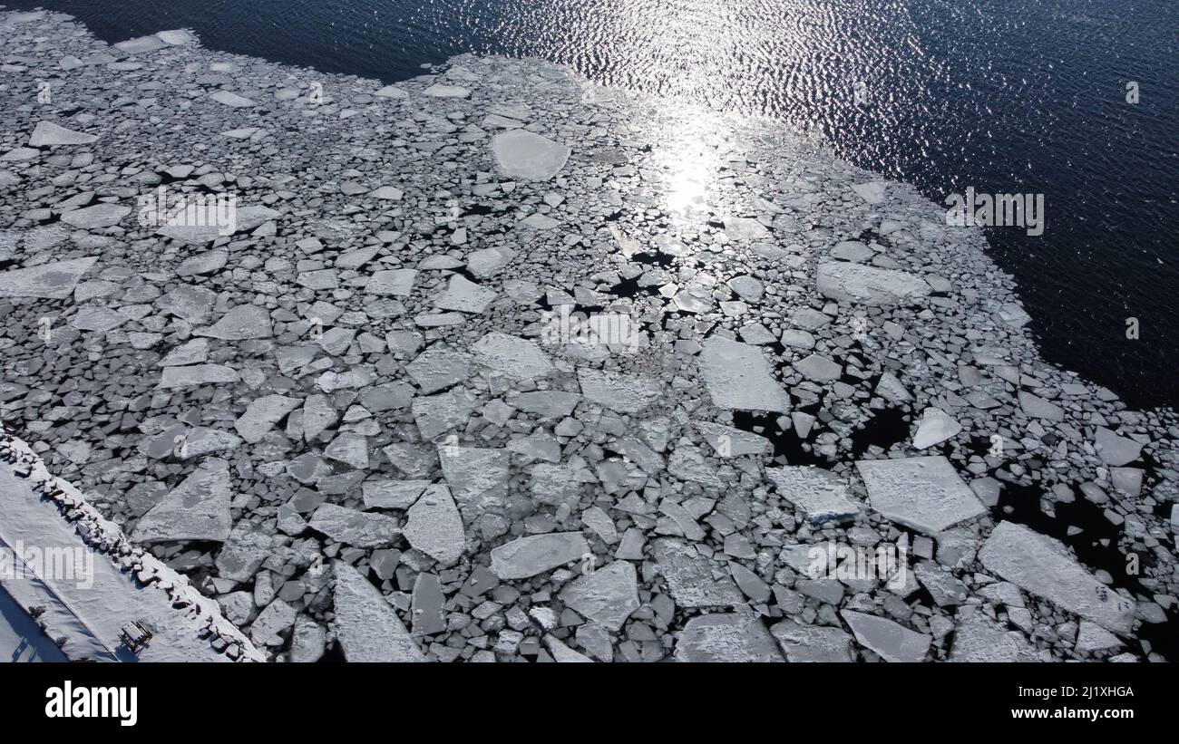 The ice break up on St. Lawrence River in Ontario, Canada, Thousand Islands Stock Photo