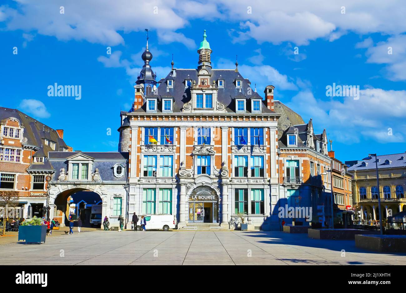 Namur (La Bourse), Belgium - March 9. 2022: View over square on medieval renaissance style building against blue winter sky Stock Photo
