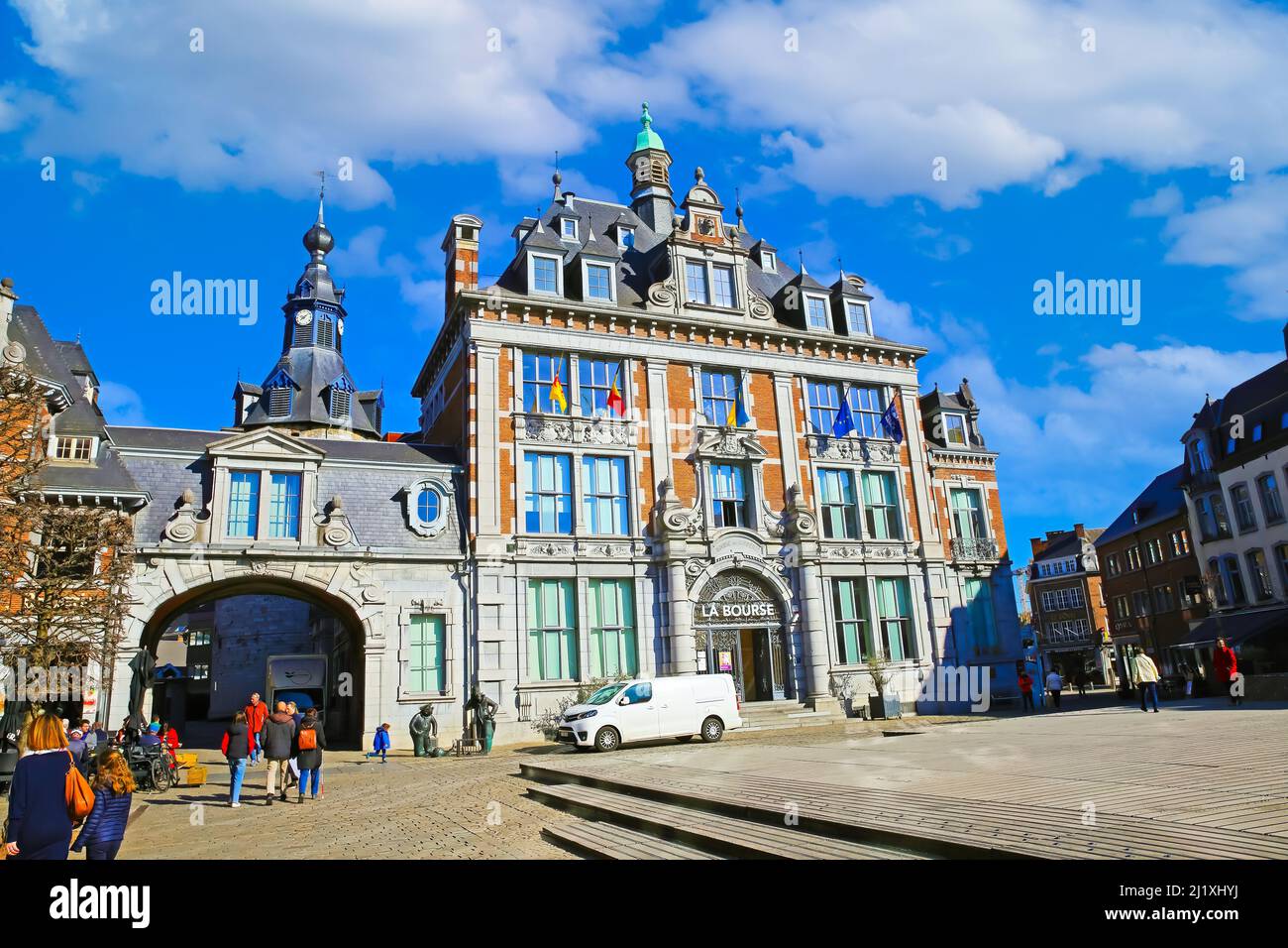 Namur (La Bourse), Belgium - March 9. 2022: View over square on medieval renaissance style building against blue winter sky Stock Photo