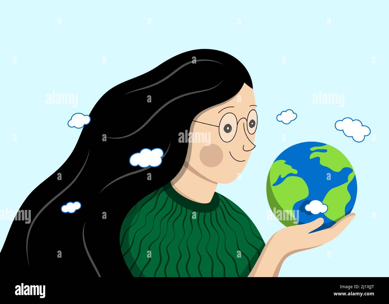 Young smiling girl holding planet Earth in her hands. Earth day, ecology, environment protection concept vector illustration. Stock Vector