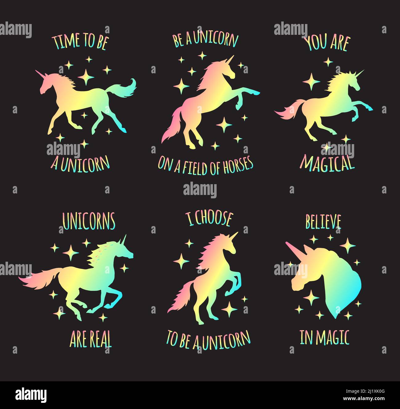Vector set bundle of rainbow unicorn silhouette quotes isolated on ...