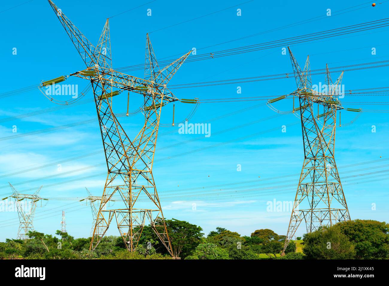 Electric power lines coming out from a Itaipu dam, Parana State, Brazil Stock Photo