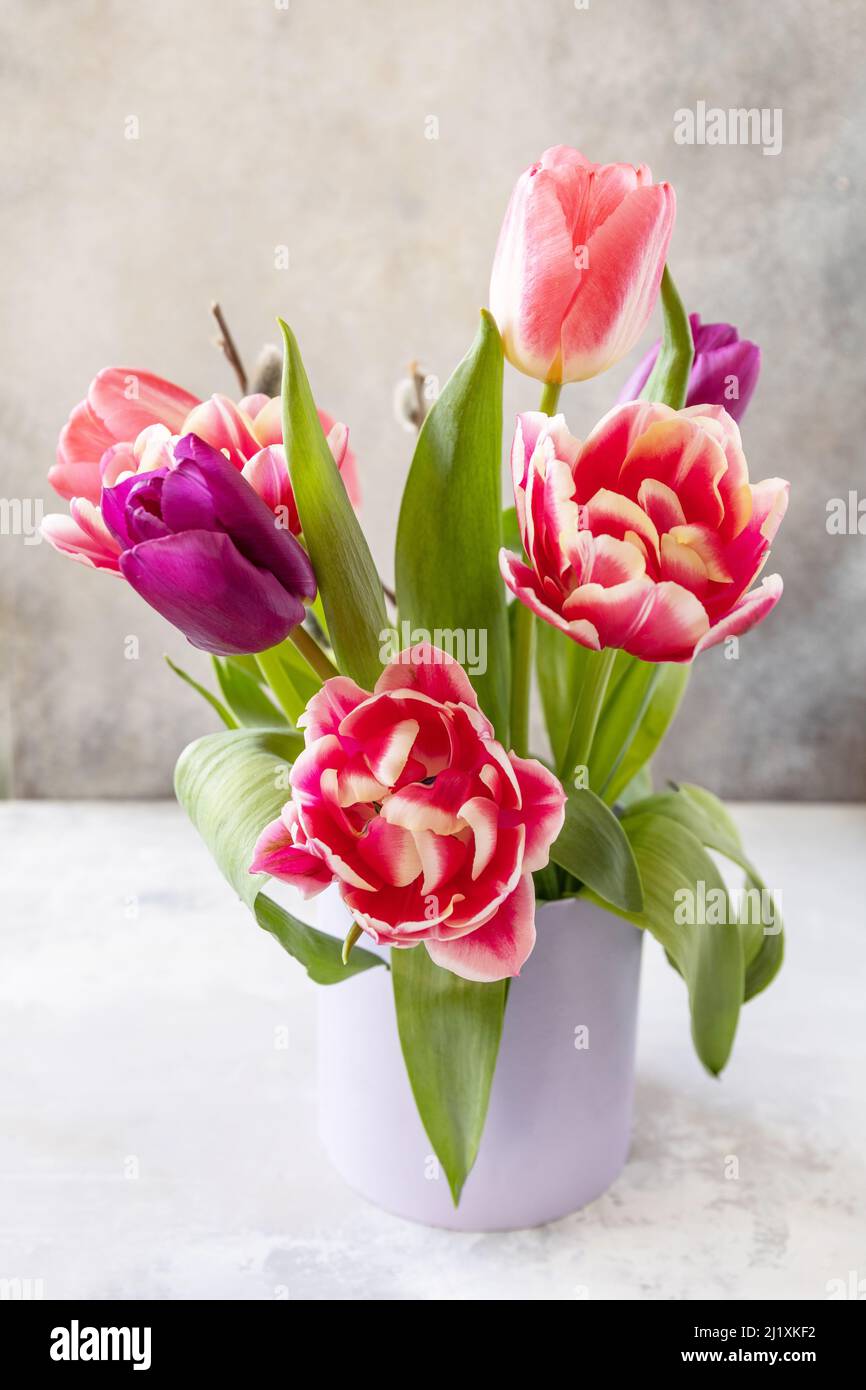 Bouquet of pink and purple tulips. Mother's day holiday concept Stock ...