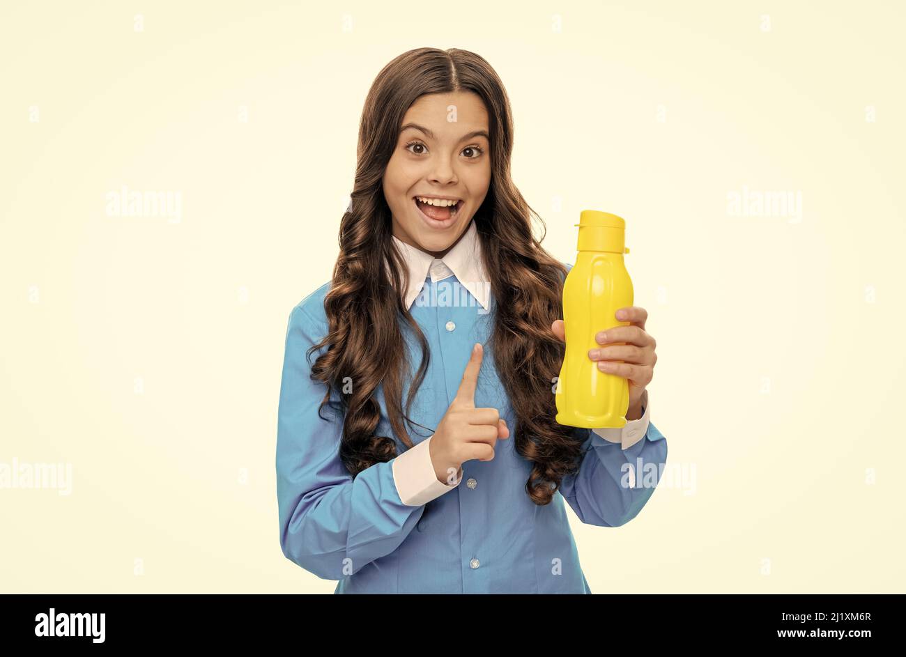 I just need to hydrate. Happy kid hold water bottle with raised finger