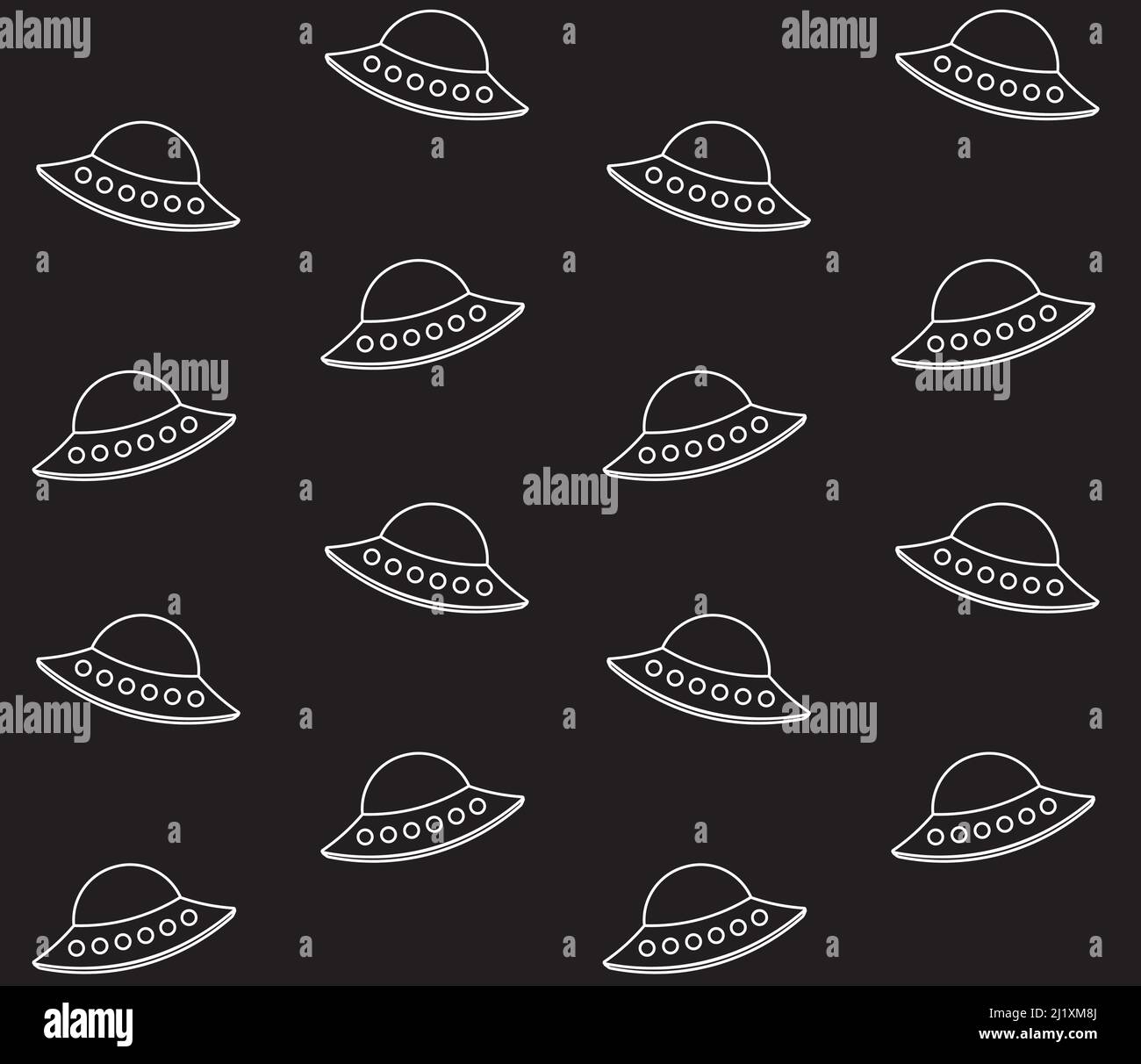 Vector seamless pattern of outline alien ufo isolated on black ...