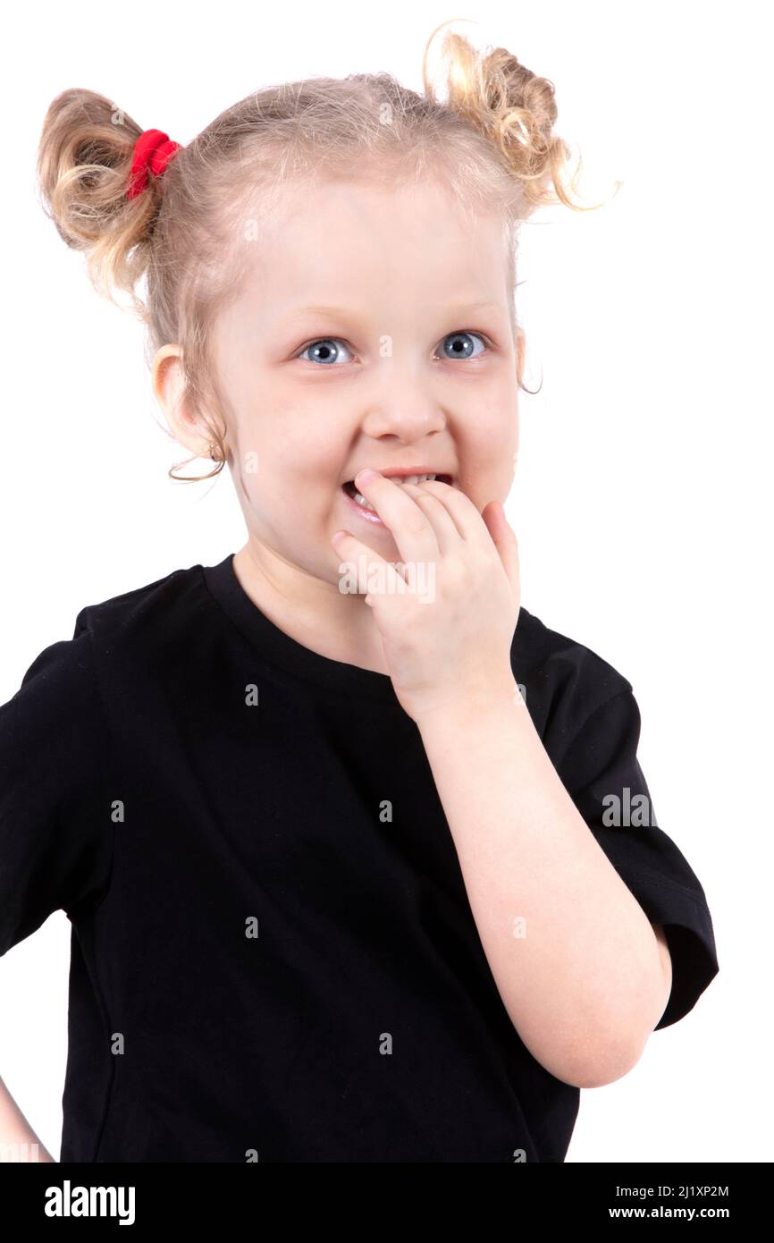 mouth girl little Funny little girl put her fingers in her mouth. The child is four years  old. Little blonde girl smiles Stock Photo - Alamy