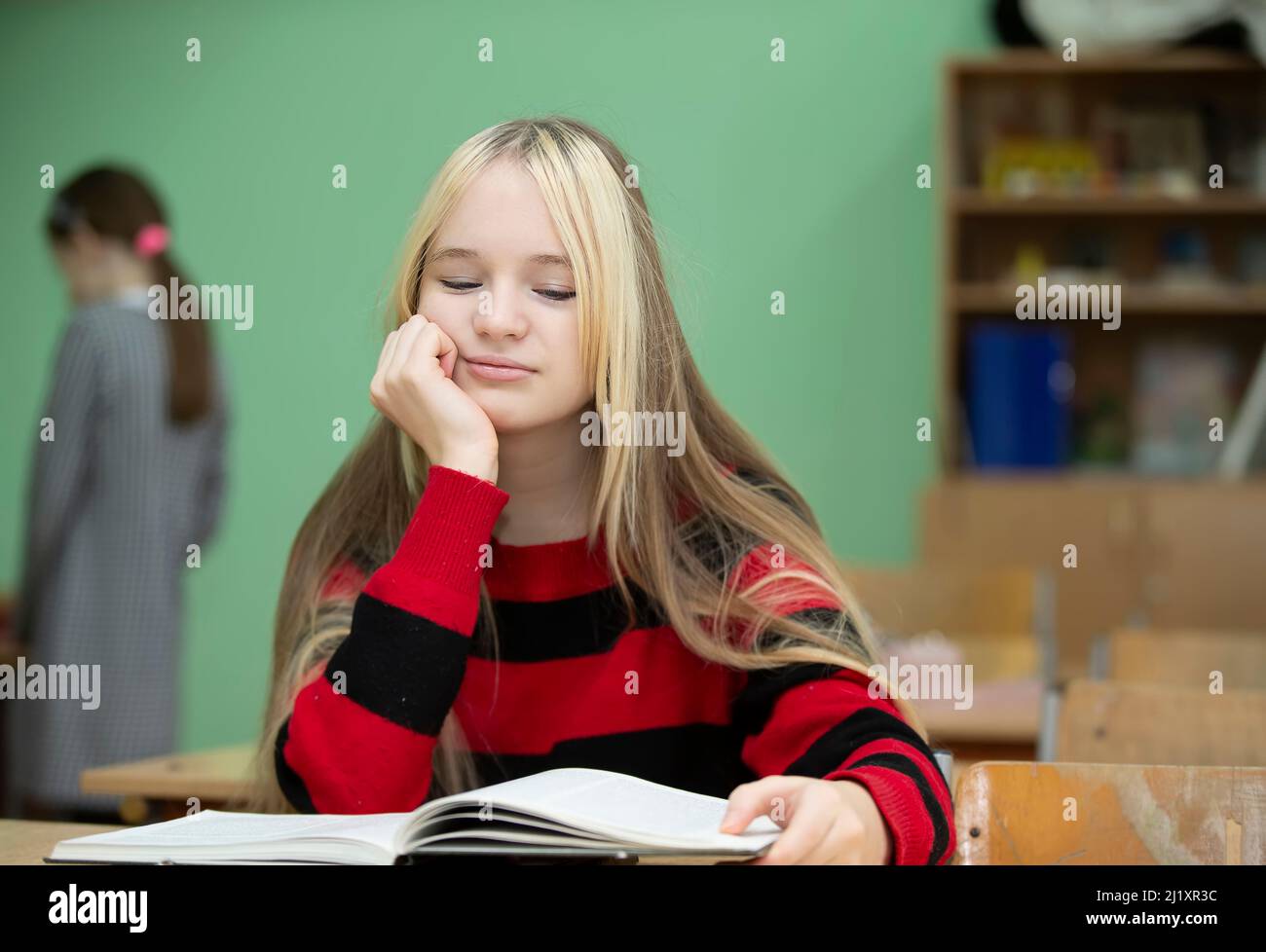 Teenager of senior school age. Teenage girl at her desk with a book. Stock Photo