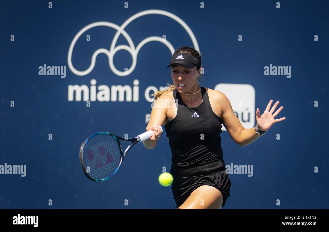 Jessica Pegula of the United States in action against Elena Rybakina of Kazakhstan during the third round of the 2022 Miami Open, WTA Masters 1000 tennis tournament on March 27, 2022 at Hard Rock stadium in Miami, USA - Photo: Rob Prange/DPPI/LiveMedia Stock Photo