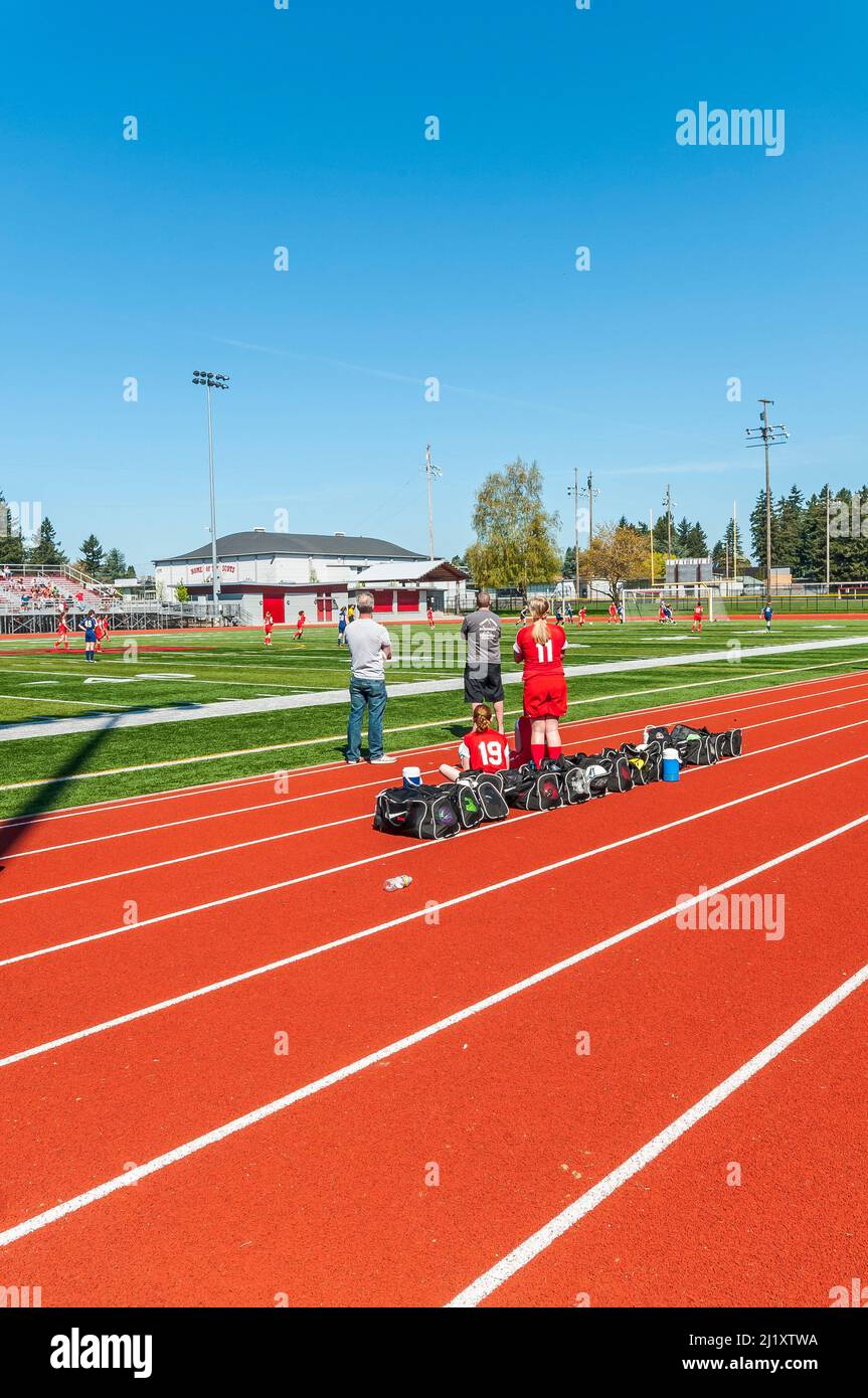Girls Soccer Players at David Douglas High School track and football field in Portland, Oregon
