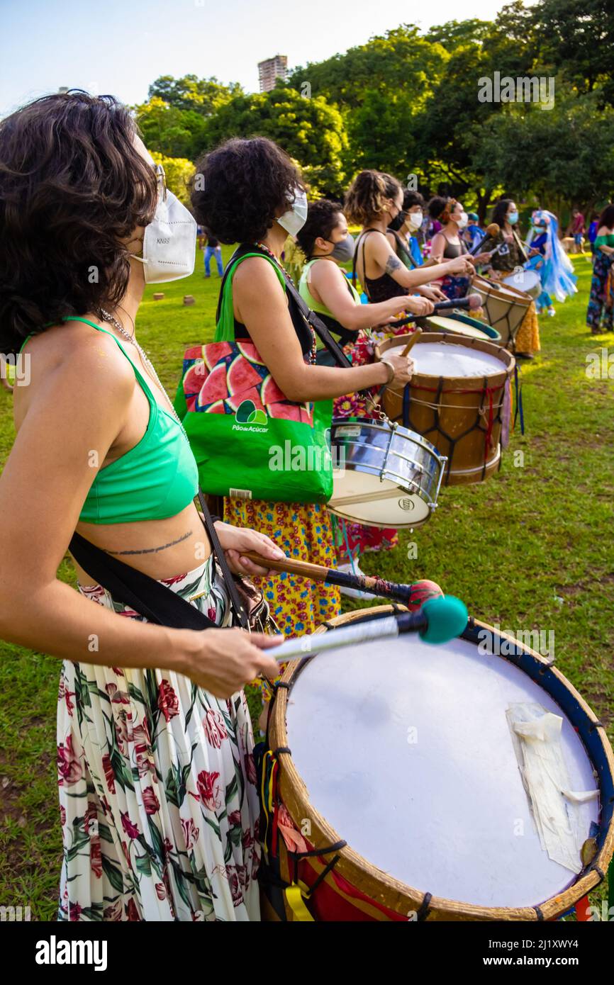Goiânia, Goias, Brazil – March 01, 2022: Detail of a group of women  percussionists. Photo taken during the Carnival performance in a public  Stock Photo - Alamy