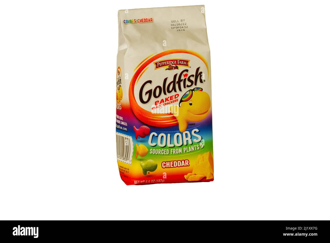 Lancaster, PA, USA - March 27, 2022: A bag of cheddar flavored Pepperidge Farms Goldfish baked snack crackers colors. The familiar bag with the smilin Stock Photo
