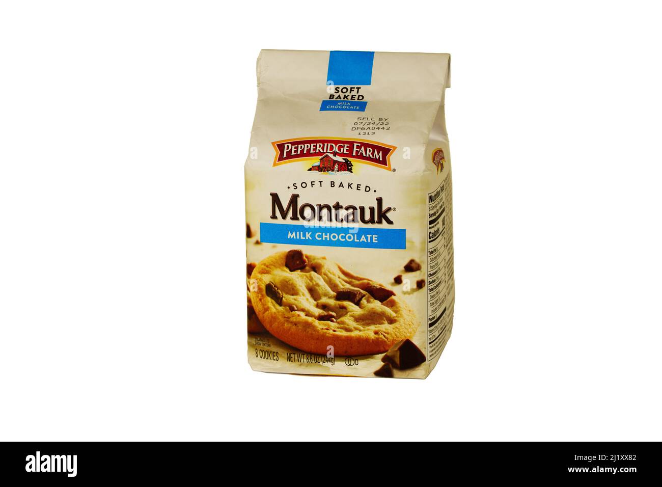 Lancaster, PA, USA - March 27, 2022: A bag of soft baked Pepperidge Farms Montauk Chocolate Chip Cookies. The familiar bag with the large cookies offe Stock Photo