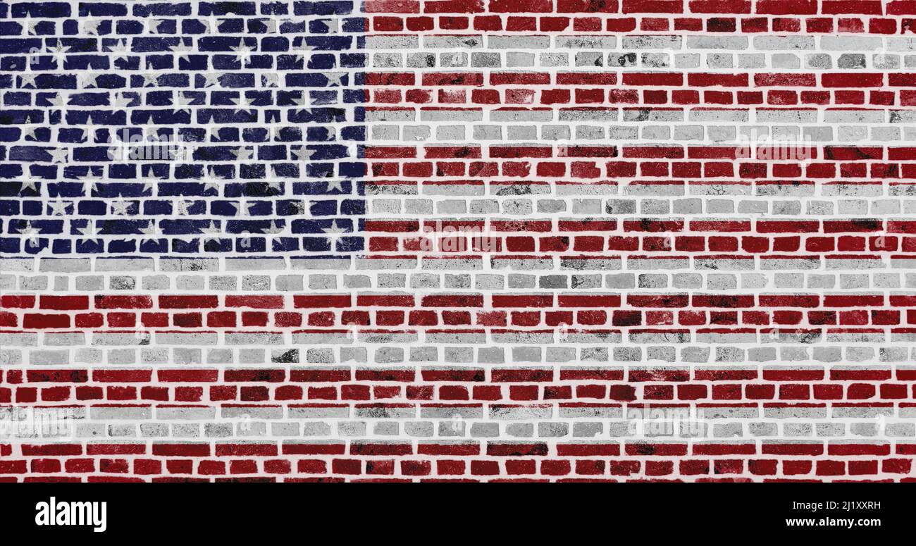 Close-up on a brick wall with the flag of the USA painted on it Stock ...