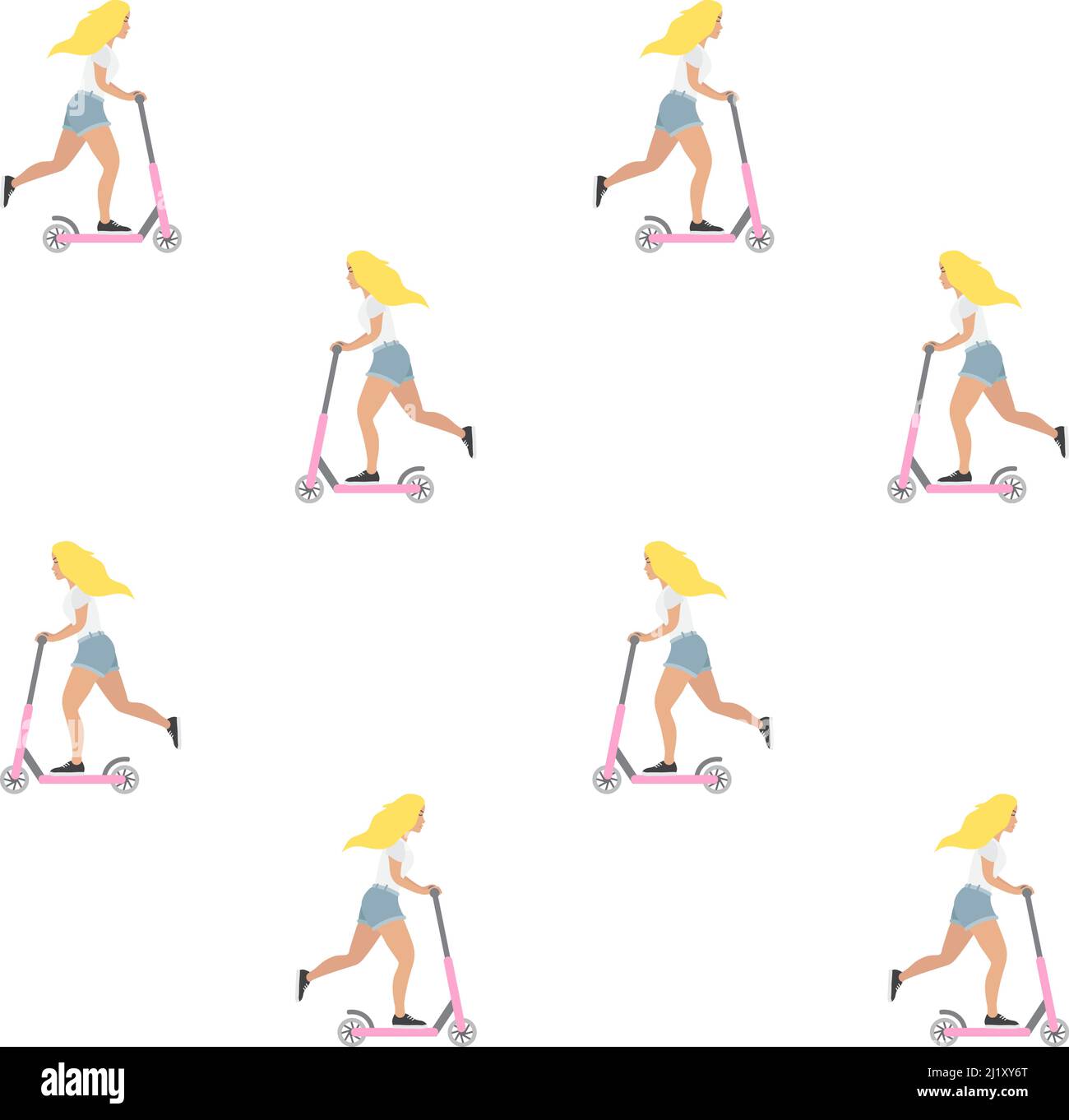 Vector seamless pattern of flat cartoon girl riding a scooter isolated on white background Stock Vector