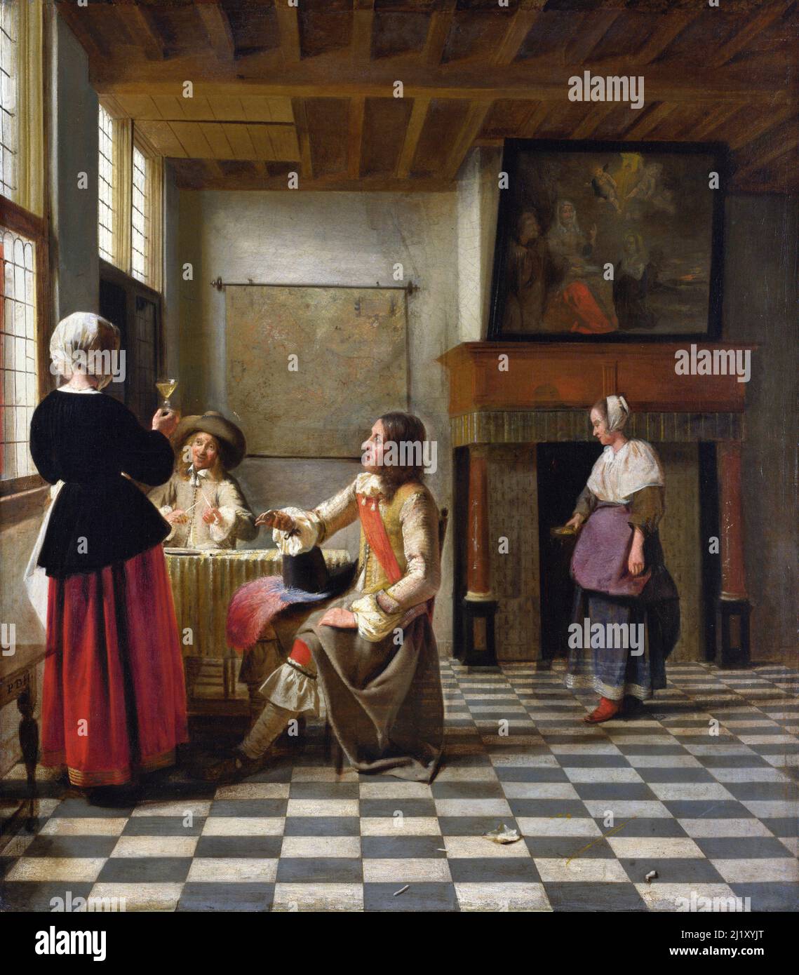 Pieter de Hooch. Painting entitled 'An Interior, with a Woman drinking with Two Men, and a Maidservant' by the Dutch Golden Age painter, Pieter de Hooch (1629-1684), oil on canvas, c. 1658 Stock Photo