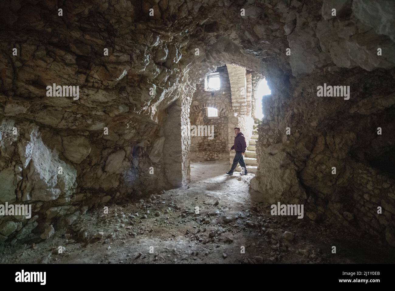 The rupestrian caves complex of via Egito in Buccino (the ancient Volcei), a small town in the Cilento National Park Stock Photo