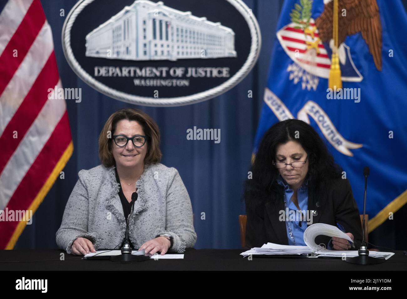 Washington, United States. 28th Mar, 2022. Deputy Attorney General Lisa Monaco (L) listens to a question from a journalist beside Deputy Assistant Attorney General Jolene Lauria (R) during a news conference on the Fiscal Year 2023 Budget Request at the U.S. Department of Justice in Washington, DC on Monday, March 28, 2022. Pool Photo by Tom Brenner/UPI Credit: UPI/Alamy Live News Stock Photo