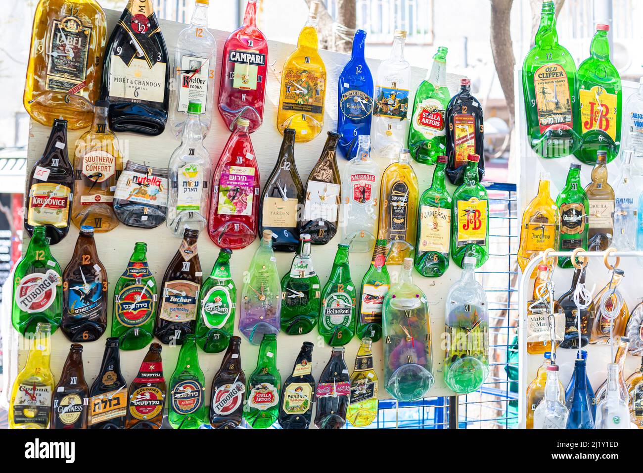 souvenir shop, counter with fridge and key chains. Tel Aviv