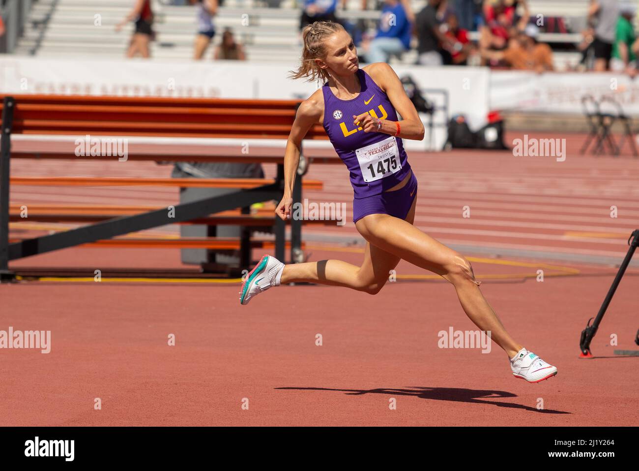 Abigail O’Donoghue of LSU approaches the bar in the high jump during the 94th Clyde Littlefield Texas Relays, Saturday, March 26, 2022, in Austin, Tex Stock Photo