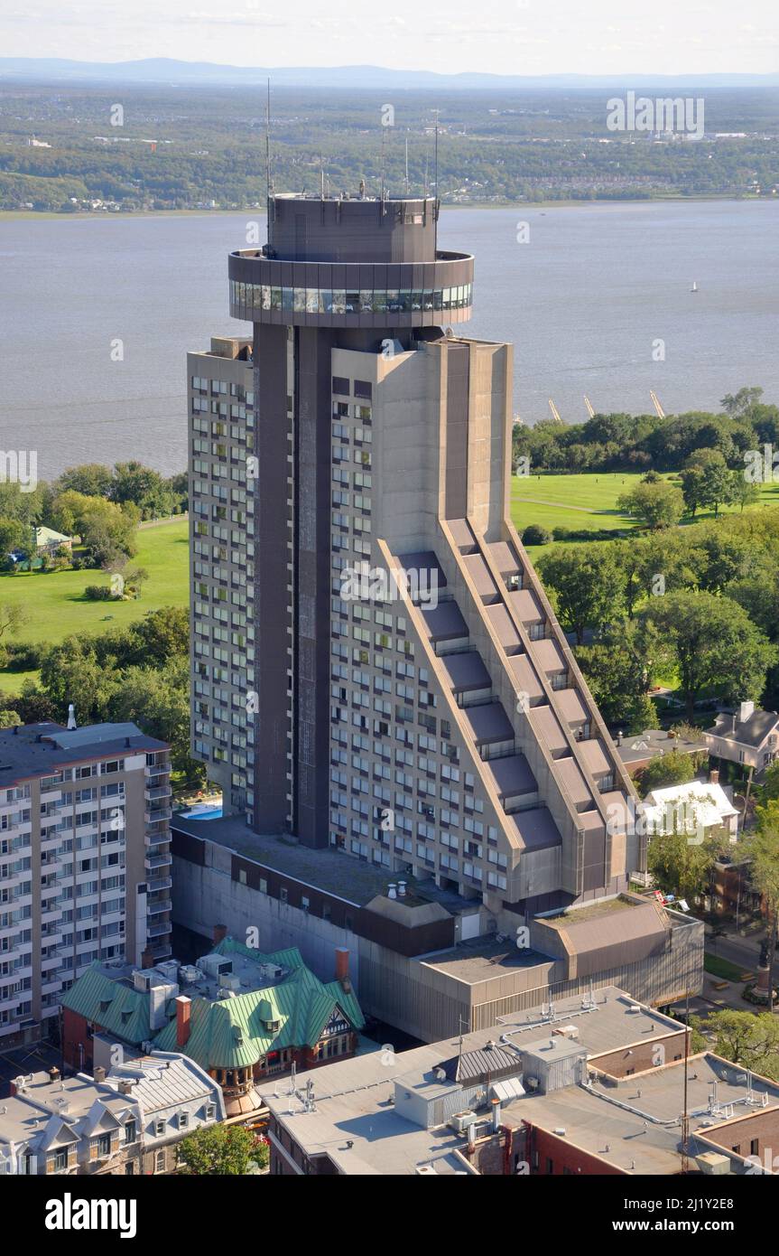 Loews Hotel Le Concorde Quebec and St Lawrence River aerial view in summer, Quebec City, Canada. Stock Photo