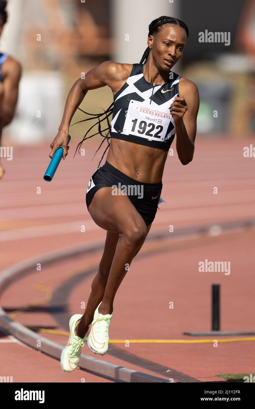 Dalilah Muhammad of USA Red runs the 4 x 400 meter relay during the 94th Clyde Littlefield Texas Dalilah Muhammad of USA Red runs the 4 x 400 meter relay during the 94th Clyde Littlefield Texas