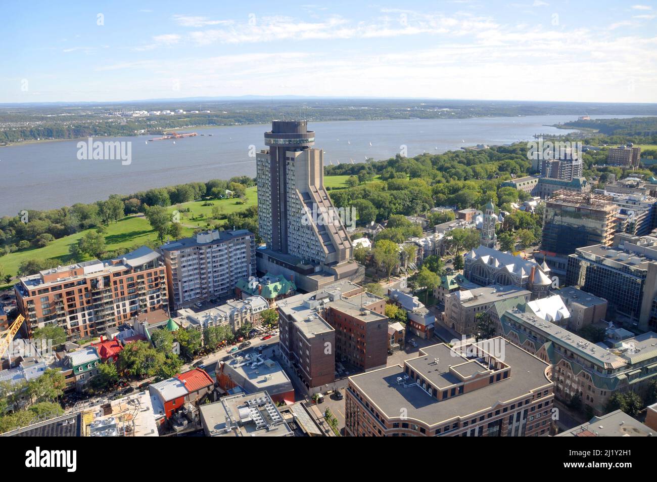 Loews Hotel Le Concorde Quebec and St Lawrence River aerial view in summer, Quebec City, Canada. Stock Photo