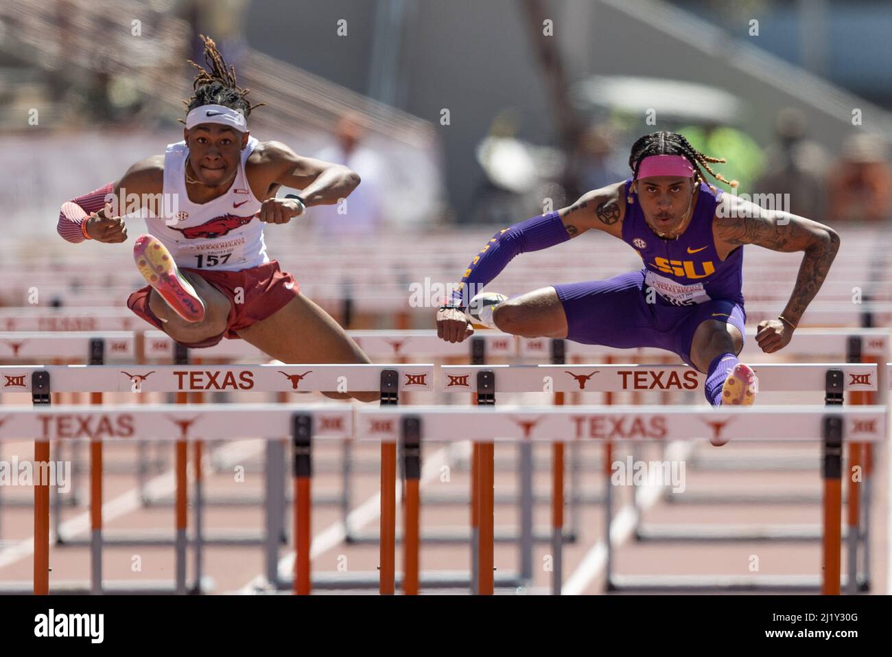 Eric Edwards Jr. of LSU wins the 110 hurdles during the 94th Clyde