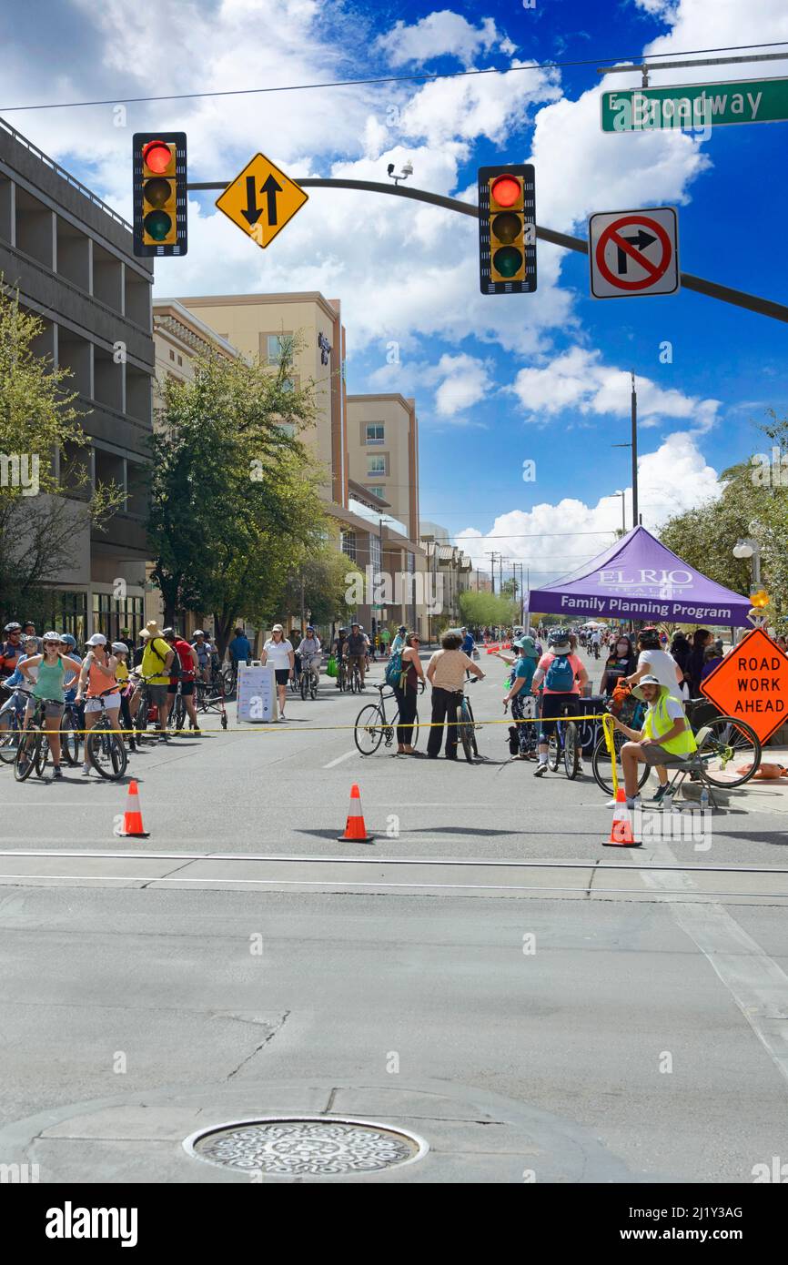 Cyclovia Sunday in downtown Tucson when parts of the city streets are closed to vehicles except bicycles and pedestrians Stock Photo