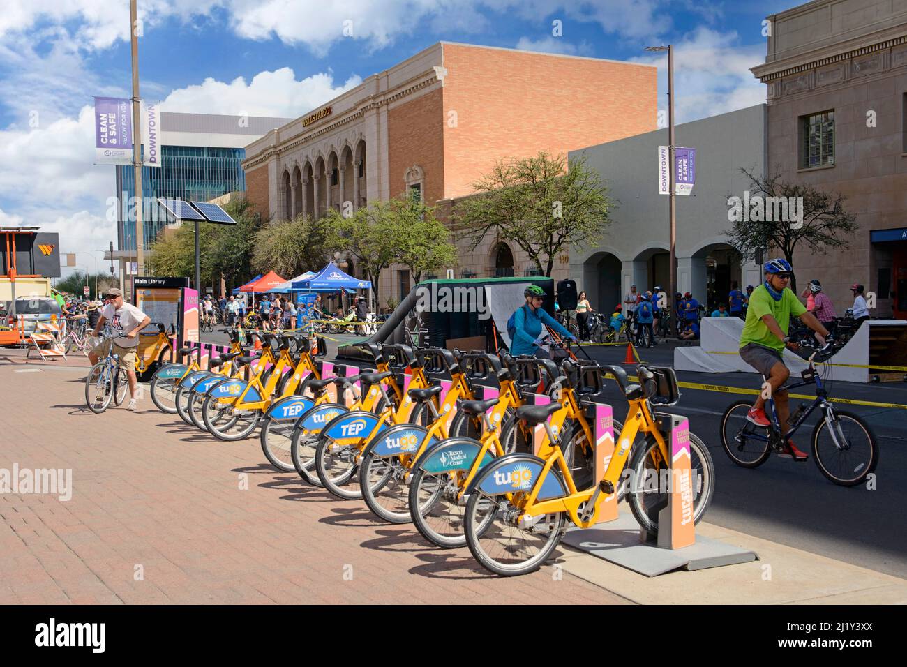 Rental bicycle station in downtown Tucson during the Cyclovia Sunday event where cyclists get to ride around the city Stock Photo