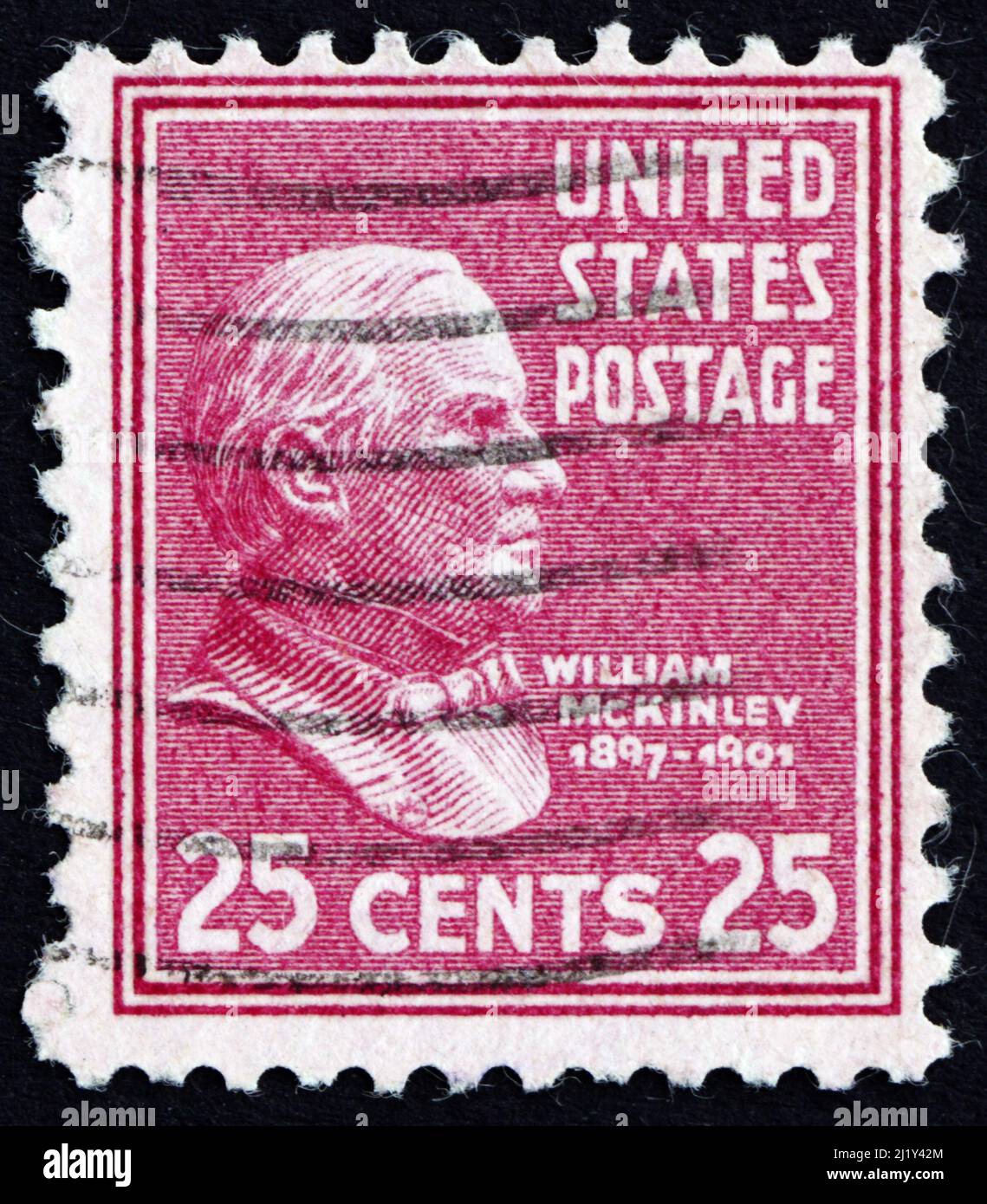 UNITED STATES OF AMERICA - CIRCA 1938: a stamp printed in the United States of America shows William McKinley, 25th President of USA 1897-1901, circa Stock Photo
