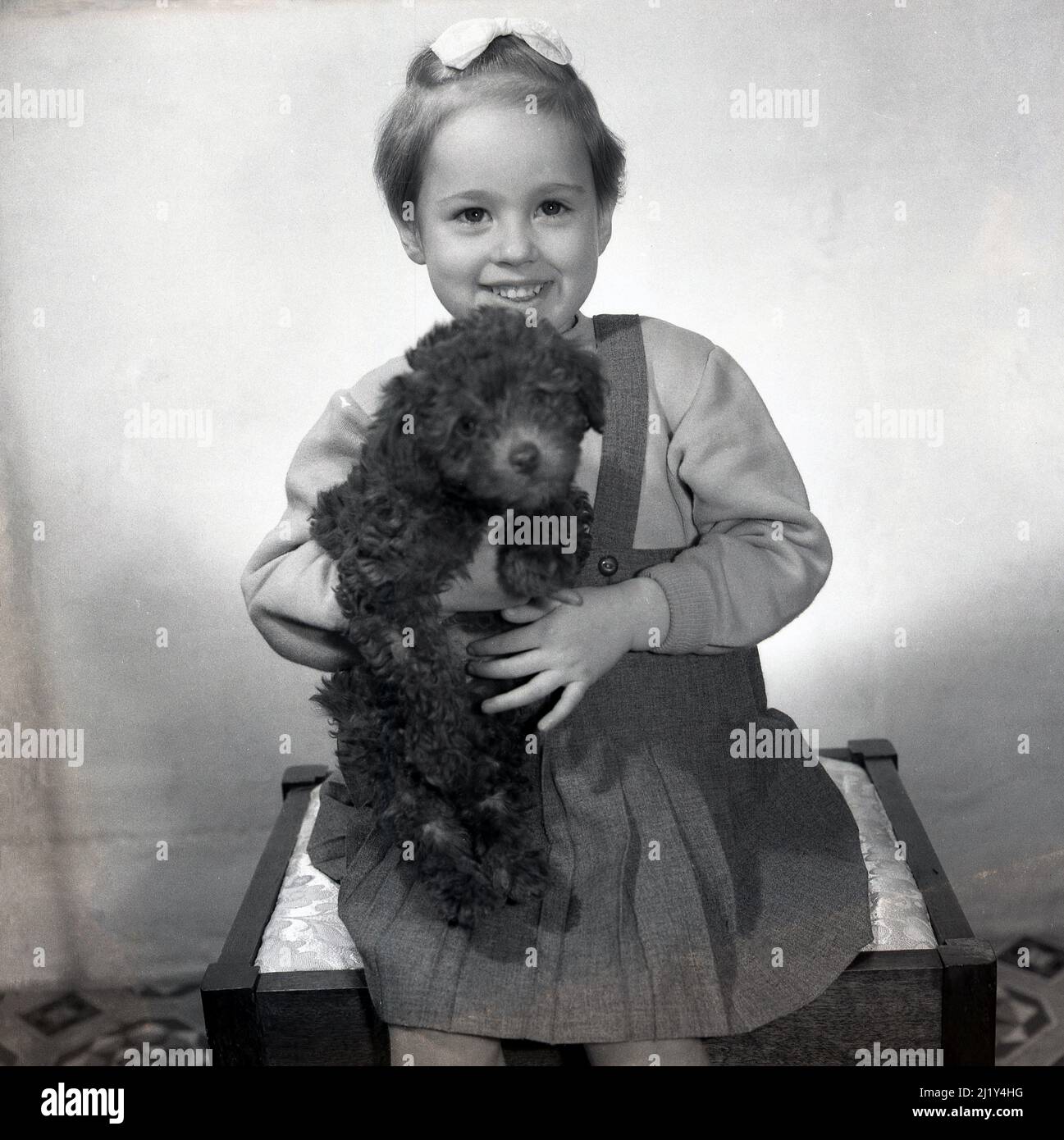 1950s, historical, a sweet little girl with a bow in her hair sitting on a small table for a photo holding her pet dog, a poddle, England, UK. Originally bred for hunting waterfowl, the Kennel Club registered their first poddle in 1874, with an owners club founded two years later. Child friendly, affectionate dogs, poddles became in the 1950s, one of the most popular dog breeds. Stock Photo