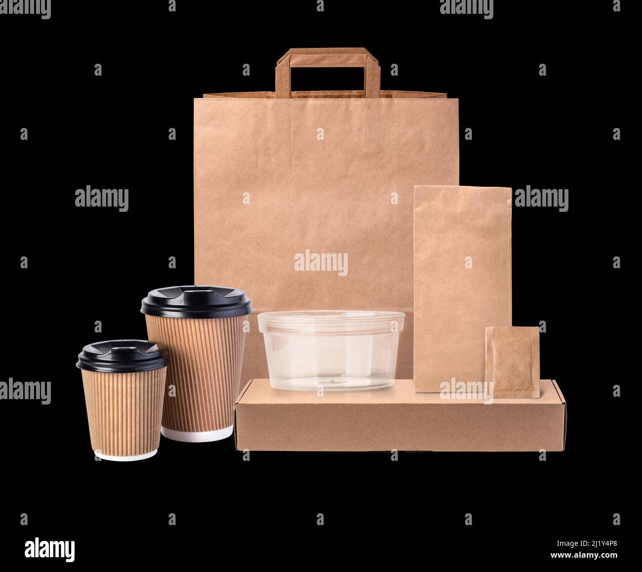 Cardboard packaging set. Pizza, burger and fast food delivery boxes and packs, blank shopping bags. Disposable coffe cup, takeaway package mockups. Stock Photo