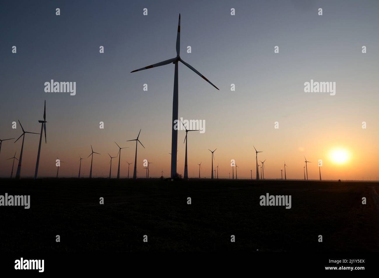 Magdeburg, Germany. 23rd Mar, 2022. Wind turbines stand in the sunset on a field in the Magdeburger Börde. Credit: Peter Gercke/dpa-Zentralbild/ZB/dpa/Alamy Live News Stock Photo