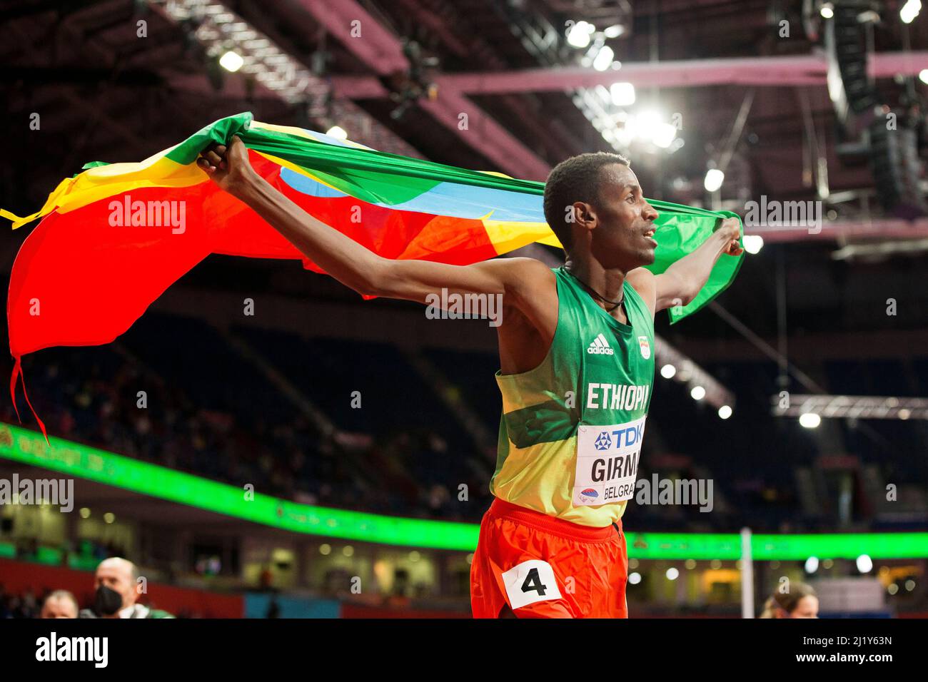 Belgrade, Serbia, 20th March 2022. Lamecha Girma of Ethiopia celebrates