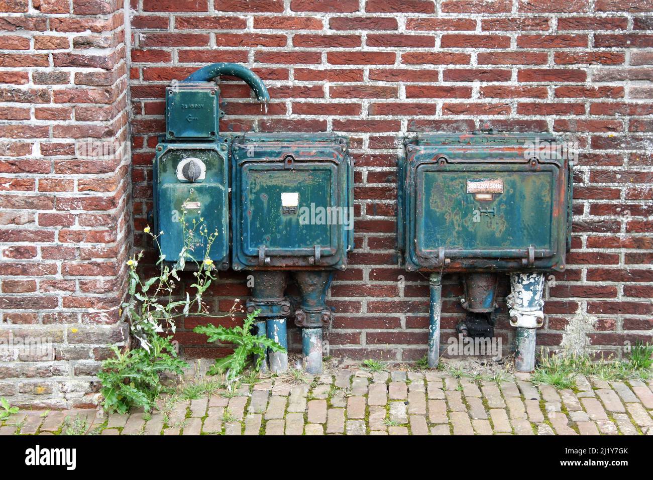 old weathered green power boxes in front of a red brick wall overgrown