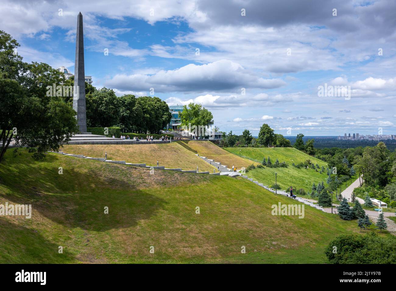 KYIV, UKRAINE - July 16, 2021: Parks on the slopes of the Dnieper in Pechersk above the Dnieper Descent. People rest on a warm mild summer day. Stock Photo