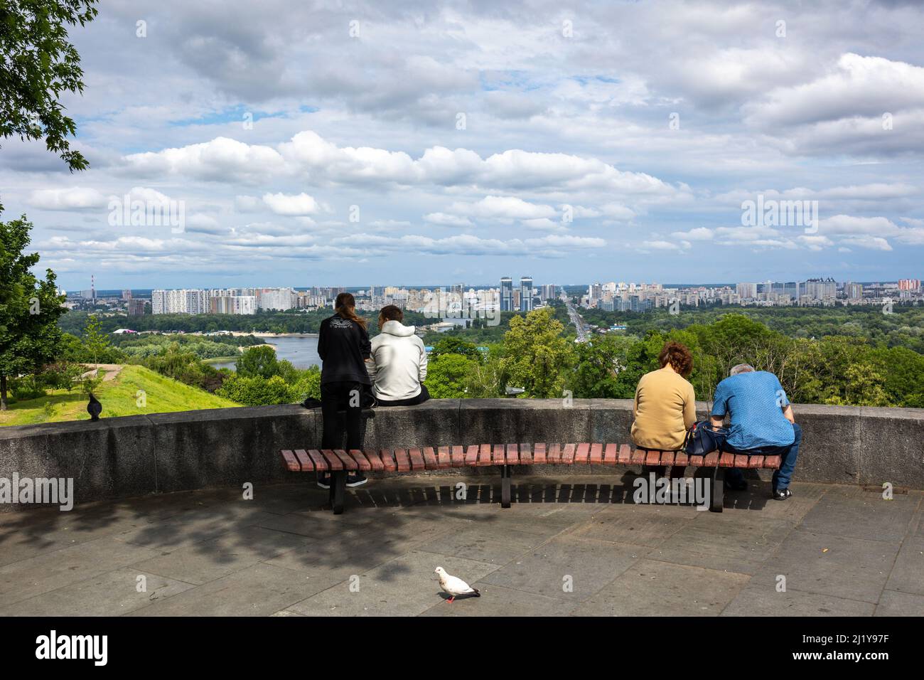 KYIV, UKRAINE - July 16, 2021: Parks on the slopes of the Dnieper in Pechersk above the Dnieper Descent. People rest on a warm mild summer day. Stock Photo